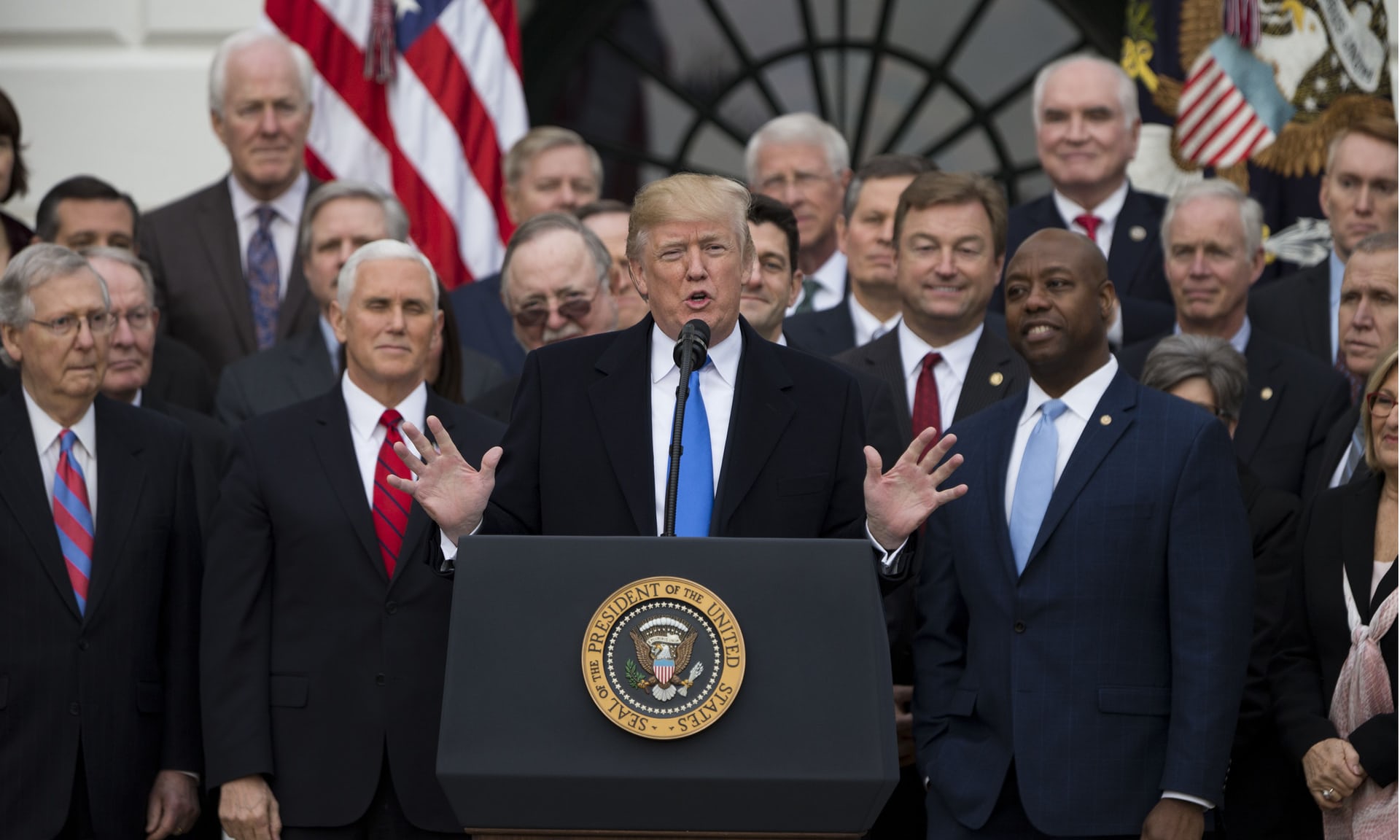 Donald Trump speaks on the south lawn of the White House after Congress passed the Republican sponsored the ‘Tax Cuts and Jobs Act’ on 20 December 2017. Photograph: REX/Shutterstock