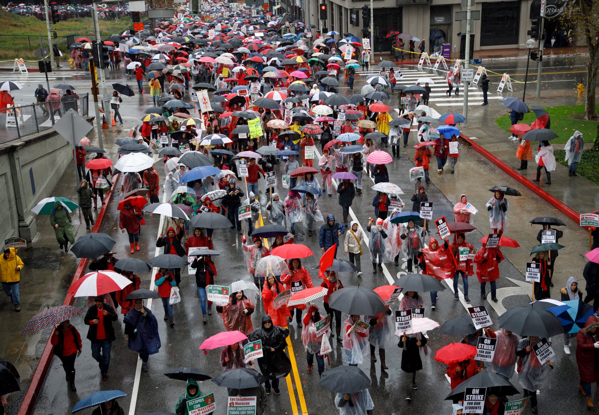 Thousands of striking teachers and supporters fill the streets of downtown LA. Photograph: Eugene García/EPA